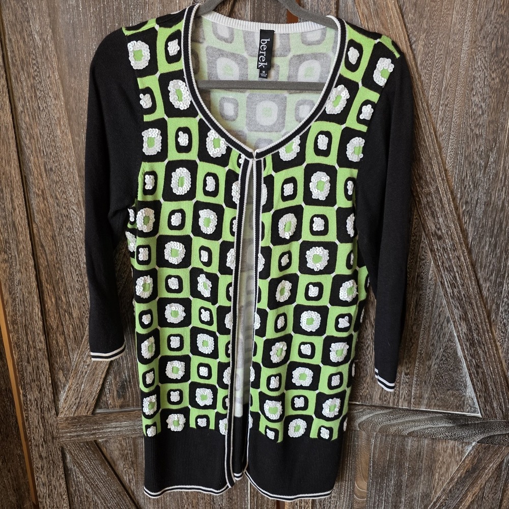 Berek Sweater Women's Size Medium Black Green White Geometric‎ Sequins Cardigan